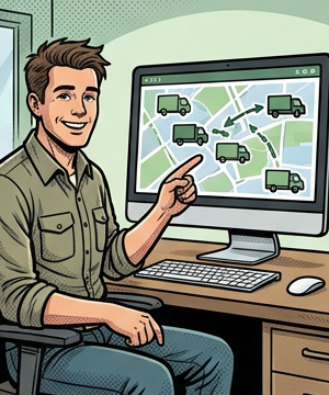 Tradesperson at desk monitoring fleet on a computer screen