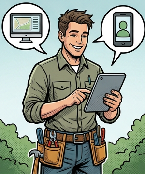 Tradesperson outdoors using a tablet with communication bubbles